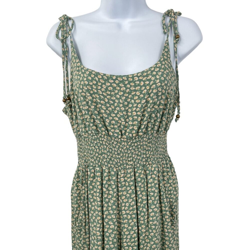 American Eagle Green Floral Smocked Tie Shoulder Sleeveless Jumpsuit Cottagecore - Picture 7 of 11